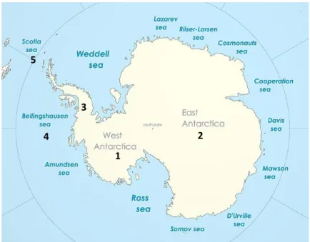 Figura 1. Mapa do continente e dos mares antárticos. Antártica  Ocidental  (1),  Antártica  Oriental  (2),  Península  Antártica  (3),  Mar de Bellingshausen (4), Mar de Scotia (5)