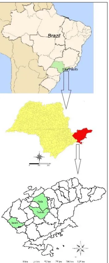 Figura 1 - Ilustração das áreas em que o trabalho foi desenvolvido. Na primeira figura o Brasil e em realce o  Estado de São Paulo, no meio em destaque (linha verde) está a Região Metropolitana do Vale do Paraíba e  Litoral Norte e na ultima figura estão a