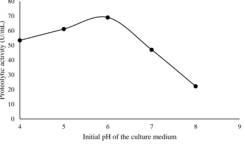 Figure 1: Influence of the pH of the culture medium on the protease production by Lentinus villosus