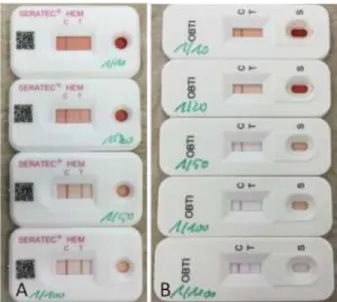 Figure  1.  Blood  test  with  different  animal  species.  (A)  SERATEC  HemDirect, dog,  ferret in two  different  concentrations (10 -4  and 10 -5 )  and human tests