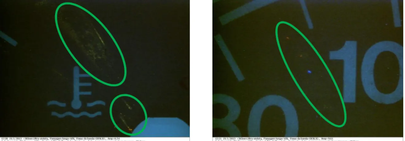 Figure 4. a) Magnification image of Figure 1a using light in ultraviolet region. b) Magnification image of  the speedometer using light in ultraviolet  region