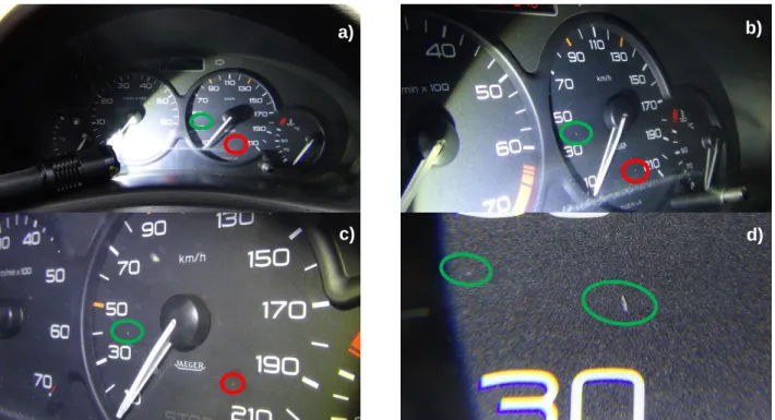 Figure 7. Image of speedometers from two different cars instruments panels: a) the same one showed in Figure 4b; b) of a Fiat/Palio Weekend, which  crashed frontwards against a concrete pole