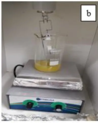 Figura 1. Imagem do foto-reator construído para os testes fotocatalíticos (a) e da lâmpada de vapor de mercúrio utilizada  (b)