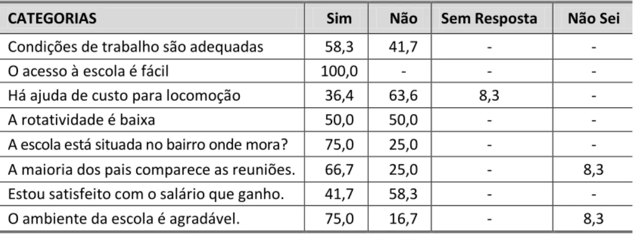 Tabela 6  –  Opinião dos professores sobre  as condições  de  trabalho na Tabela 6  –  Opinião dos  professores sobre as condições de trabalho na escola do campo