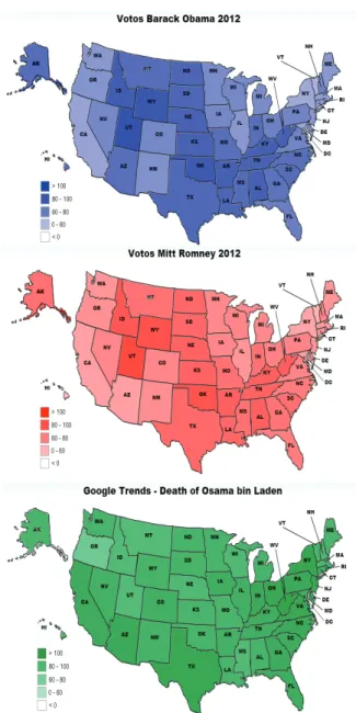 Figura 1. Mapa de intensidade regional dos votos de Barack  Obama e Mitt Romney, nas eleições presidenciais de 2012 e o  interesse médio regional pela morte de Osama bin Laden.