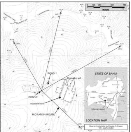 Figura 3 – Mapa de localização e das principais rotas de migração de radionuclídeos a partir do Pond