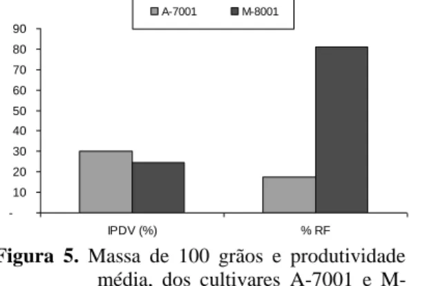 Figura  5.  Massa  de  100  grãos  e  produtividade  média,  dos  cultivares  A-7001  e   M-SOY  8001  (Cassilândia,  MS