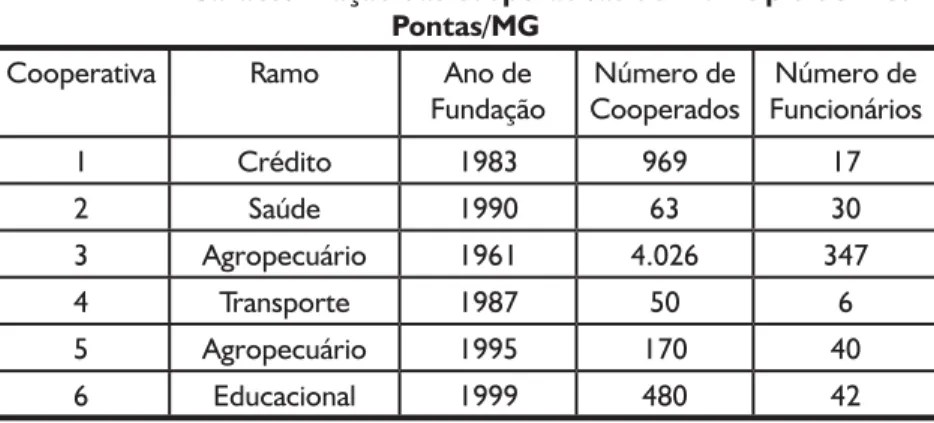 TABELA 2 – Caracterização das cooperativas do município de Três  Pontas/MG