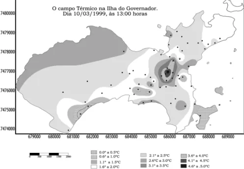 Figura 5. Mapeamento do campo térmico da Ilha do Governador  no dia  10/3/1999 às 13h00min