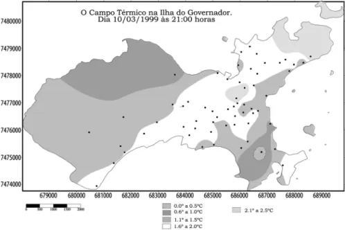 Figura 6. Mapeamento do campo térmico da Ilha do Governador no dia  10/3/1999 às 21h00min