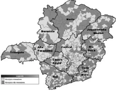 Figura 1 – Localização municípios mineradores e não-mineradores nas regiões de planejamento de Minas Gerais.