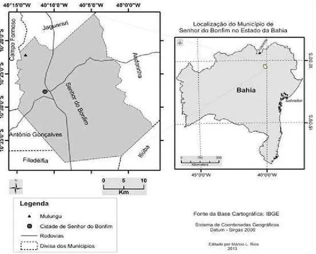 FIGURA  1.  Localização  da  comunidade  Curandeira,  no  mapa  do  Município  de  Senhor do Bonfim, Bahia