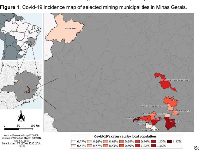 Figure 1. Covid-19 incidence map of selected mining municipalities in Minas Gerais.