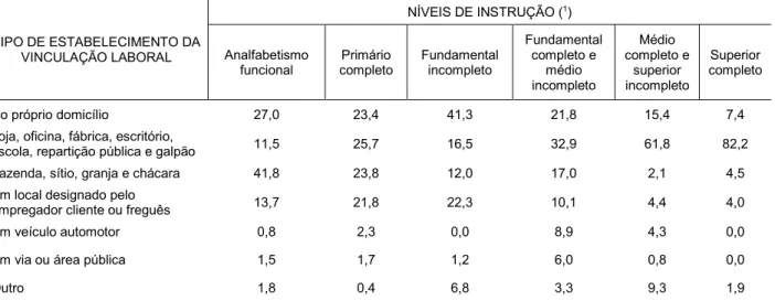 Tabela 13: Distribuição percentual da população com 65 anos ou mais por tipo estabelecimento de vinculação laboral e  nível de instrução - Minas Gerais, 2011 (%) 