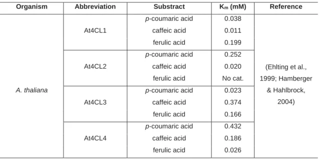 Table 6: Kinetic parameters of the three isoforms of 4CL from Arabidopsis thaliana 