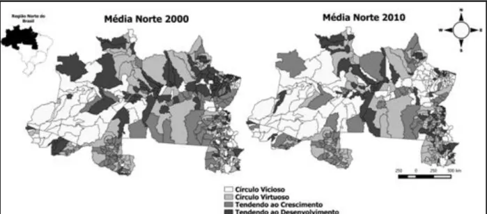Figura 1. Municípios da Região Norte do Brasil em relação à média da Região Norte de desenvolvimento  humano, entre 2000 e 2010.