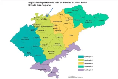 Figura  1:  Subdivisão  da  Região  Metropolitana  do  Vale  do  Paraíba  e  Litoral  Norte  com  destaque  ao  município de Campos do Jordão