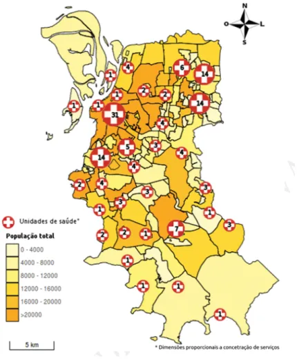 Figura 1. Distribuição da população e dos serviços de APS no município de Porto Alegre,  2014