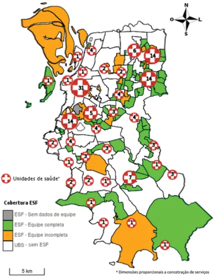 Figura 2. Cobertura de ESF em Porto Alegre, 2015. Fonte: Elaborado por meio de dados  obtidos no CNES, 2015.