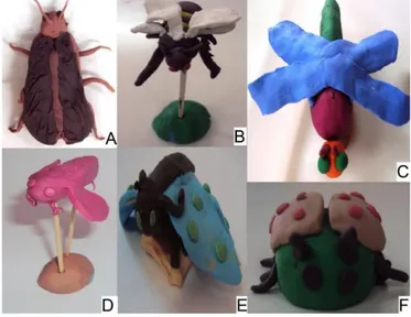 Figura 3 - Modelagem dos insetos da escola A. A- barata; B-abelha; C-libélula; D-mariposa; E-borboleta; F-joaninha