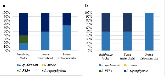 Figure 5 – (a) Ratio of Staphylococcus frequency per species and anatomical site from the patients after chemotherapy