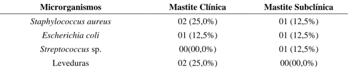 Tabela 3 - Prevalência de isolados de microrganismos em amostras provenientes de animais com  mastite 