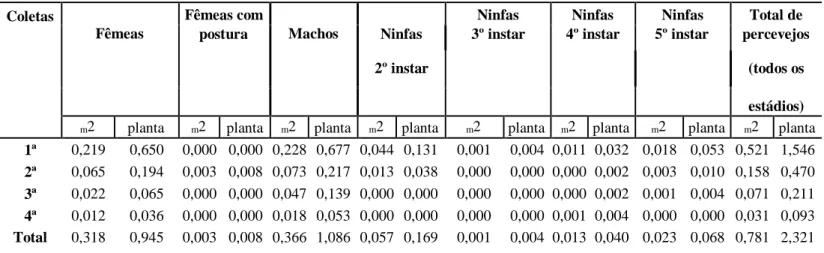 Tabela 2. Densidade populacional de P. torridus em plantação de J. curcas (n=474). 