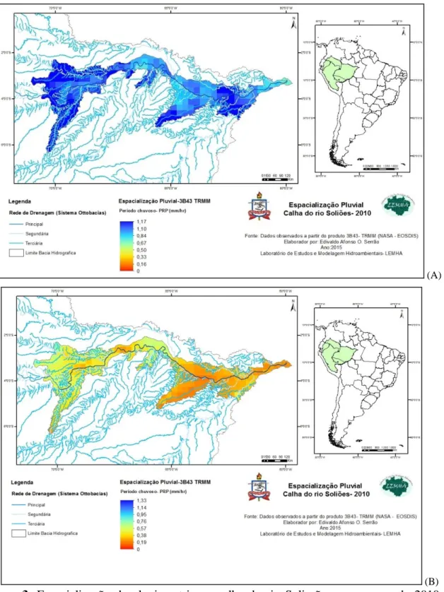 Figura  3.  Espacialização  da  pluviometria  na  calha  do  rio  Solimões  para  o  ano  de  2010:(A)  período chuvoso