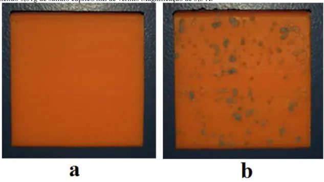 Fig. 2 – Placas de PLA impressas por manufatura 3D. a - sem selante; b - recoberta com selante à base de cobre  contendo 0,01g de sulfato cúprico/mL de verniz