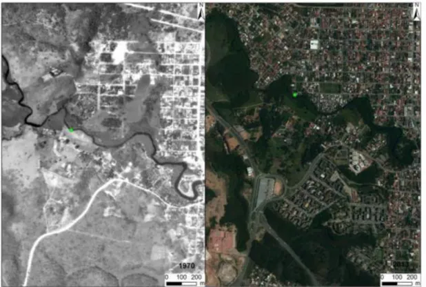 Figura 8: Comparação temporal do Canal Principal do Rio Jacaraípe – Ponto 2 – para os anos  1970 e 2013 