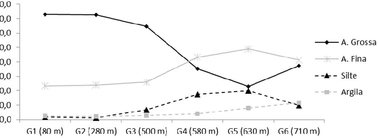Figura 3 – textura média do solo ao longo do transecto. G1 se localiza mais próximo à borda  do platô, enquanto G6 encontra-se mais próximo ao centro do platô