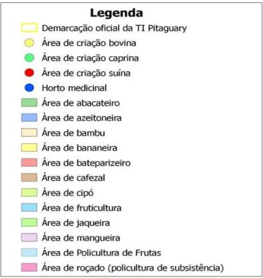 Figura 4: Legenda do mapa Social de uso e ocupação da terra, aldeia de Monguba, TI Pitaguary, Pacatuba,  Ceará