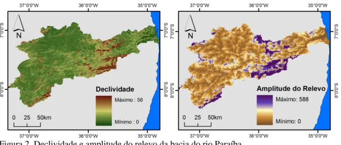 Figura 2. Declividade e amplitude do relevo da bacia do rio Paraíba. 