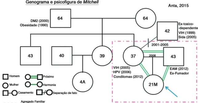 Figura 1. Genograma familiar 8  e Psicofigura de Mitchell 9  pela perspectiva da mãe.