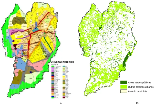 Figura 7 – Classes de zoneamento do uso do solo (A) e distribuição das florestas urbanas (B) na cidade de  Curitiba - PR 