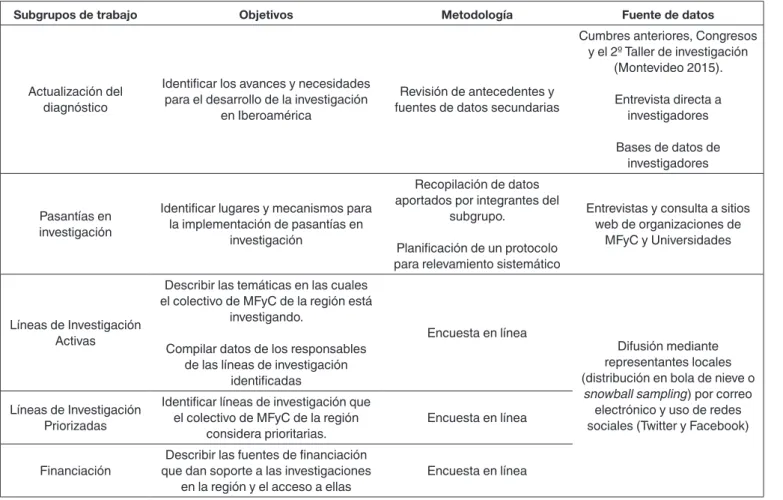 Cuadro 1. Objetivos del documento en los subgrupos de trabajo.