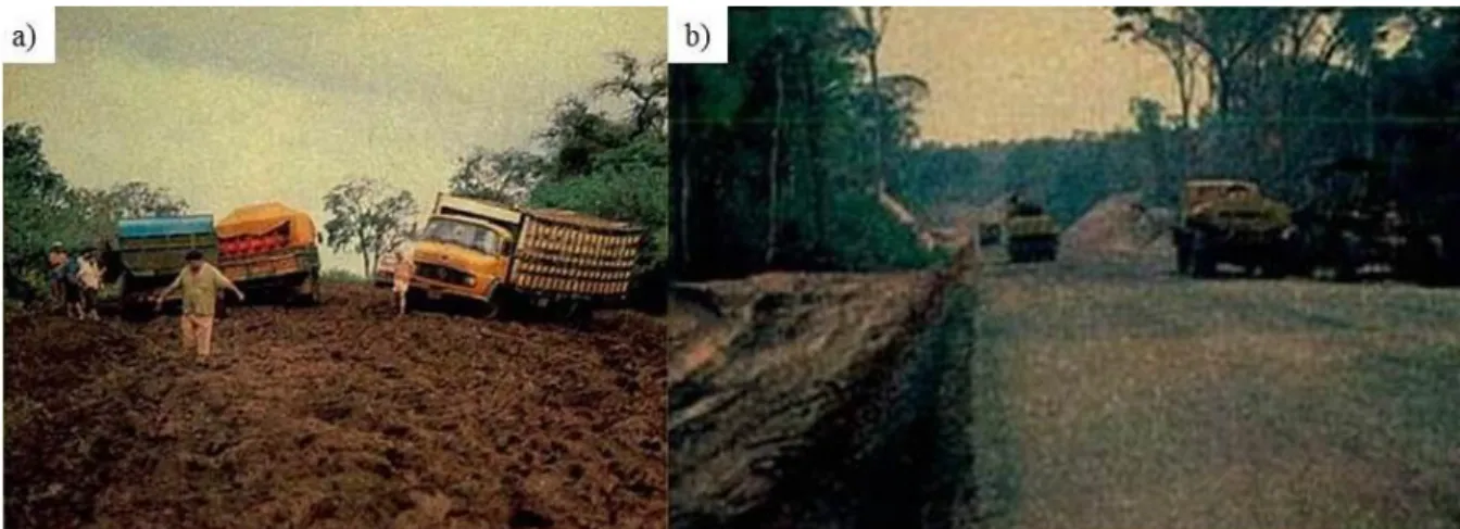 Figura  10:  a)  BR-364  antes  da  pavimentação  a  viagem  durava  mais  de  trinta  dias:  b)  trabalhos  de  pavimentação  no  início  dos  anos 80