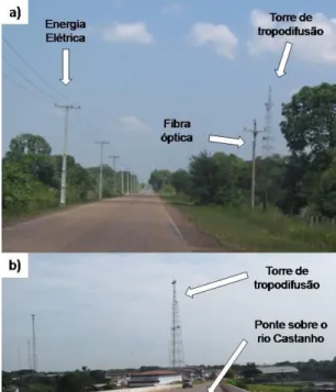 Figura 8: Diferentes redes: a) rodovia, rede de energia elétrica sustentada pelos postes de concreto, fibra ópticasustentada  pelos  postes  de  madeira  e  torre  de  tropodifusão  no  meio  da  rodovia  entre  Castanho  e  Careiro  da  Várzea;  b)  torre