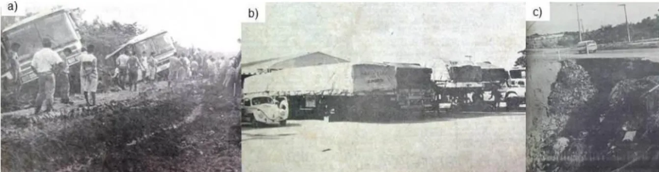Figura 9: a) ônibus atolados na BR-319. Fonte: Acrítica 18/05/89, p. 6; b) 300 carretas paradas no antigo pátio da Ceasa, Fonte: 