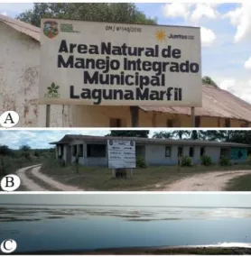 Figura 10 – A) Informativo sobre Area de Manejo integrado Laguna Marfil, B) Posto militar de Marfil e os acessos a  Bolívia e Brasil e C) vista da baía grande a partir do espaço Boliviano