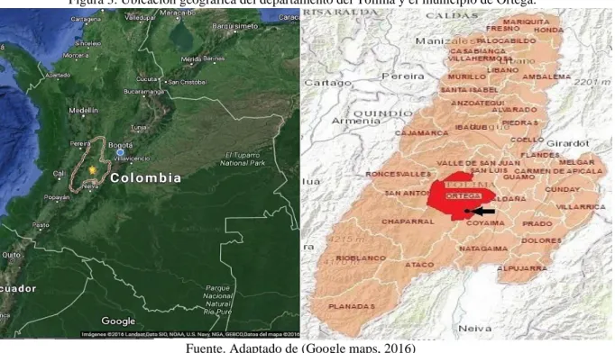 Figura 3. Ubicación geográfica del departamento del Tolima y el municipio de Ortega. 