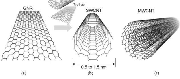 Figura 1 - Representação esquemática da estrutura do (a) grafeno, (b) SWNTs e (c) MWNTs