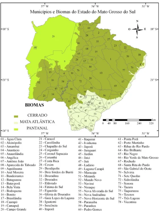 Figura 1 - Biomas, território e nome dos municípios do estado do Mato Grosso do Sul. 