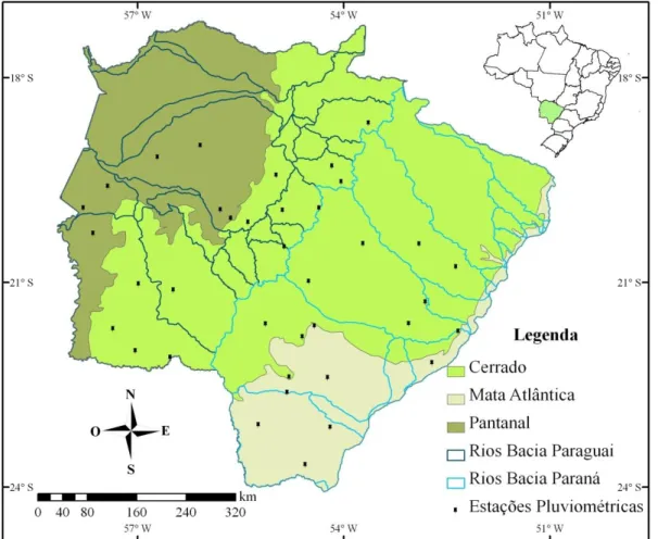 Figura 2 - Localização das estações pluviométricas (série histórica de 30 anos), divisão territorial dos biomas  e bacias hidrográficas no estado do Mato Grosso do Sul