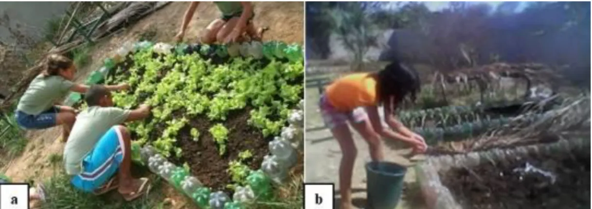 Figura 7: a) Educandos no monitoramento quanto ao surgimento de ervas daninhas na horta  escolar; b) Educanda no processo de irrigação da horta escolar