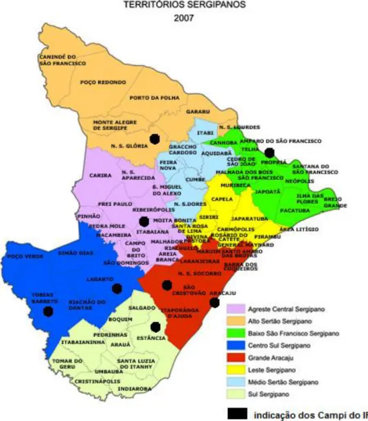 Figura 1: Regiões Sergipanas e indicação dos campi do IFS. 