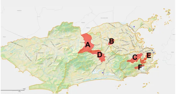 Figura 1: Mapa do município do Rio de Janeiro, com a demarcação dos seis bairros, nos quais  foram aplicadas as entrevistas (Realengo (A), Madureira (B), Tijuca (C), Taquara (D), Santa 