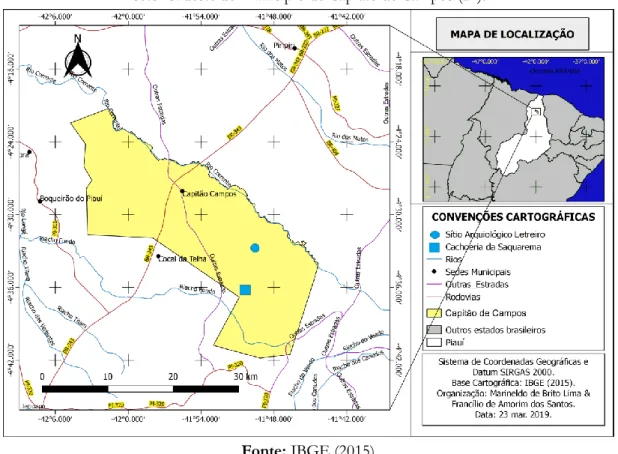 Figura 01. Mapa de localização dos pontos cachoeira da Saquarema e sírio arqueológico Letreiro,  setor sudeste do município de Capitão de Campos (PI)