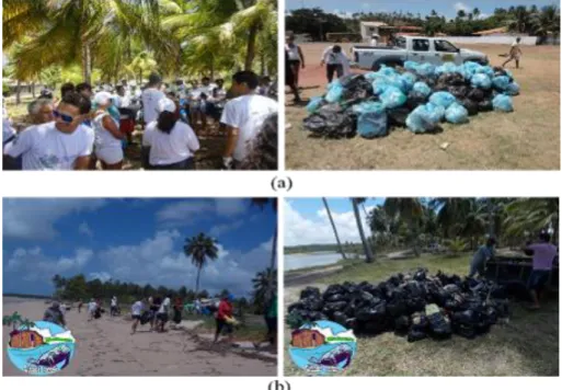 Figura 6: Mutirão de limpeza realizado pelo Movimento Cidade Verde: (a) Na Praia do Patacho  até o centro de Porto de Pedras, em dezembro de 2013 e (b) Praia do Patacho-Porto de 