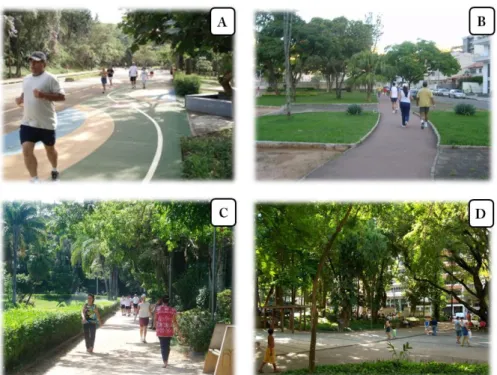 Figura 1: Áreas verdes na cidade de Juiz de Fora, onde é comum a realização de práticas  de lazer e atividades físicas; A: Campus da Universidade Federal de Juiz de Fora, B: Praça 